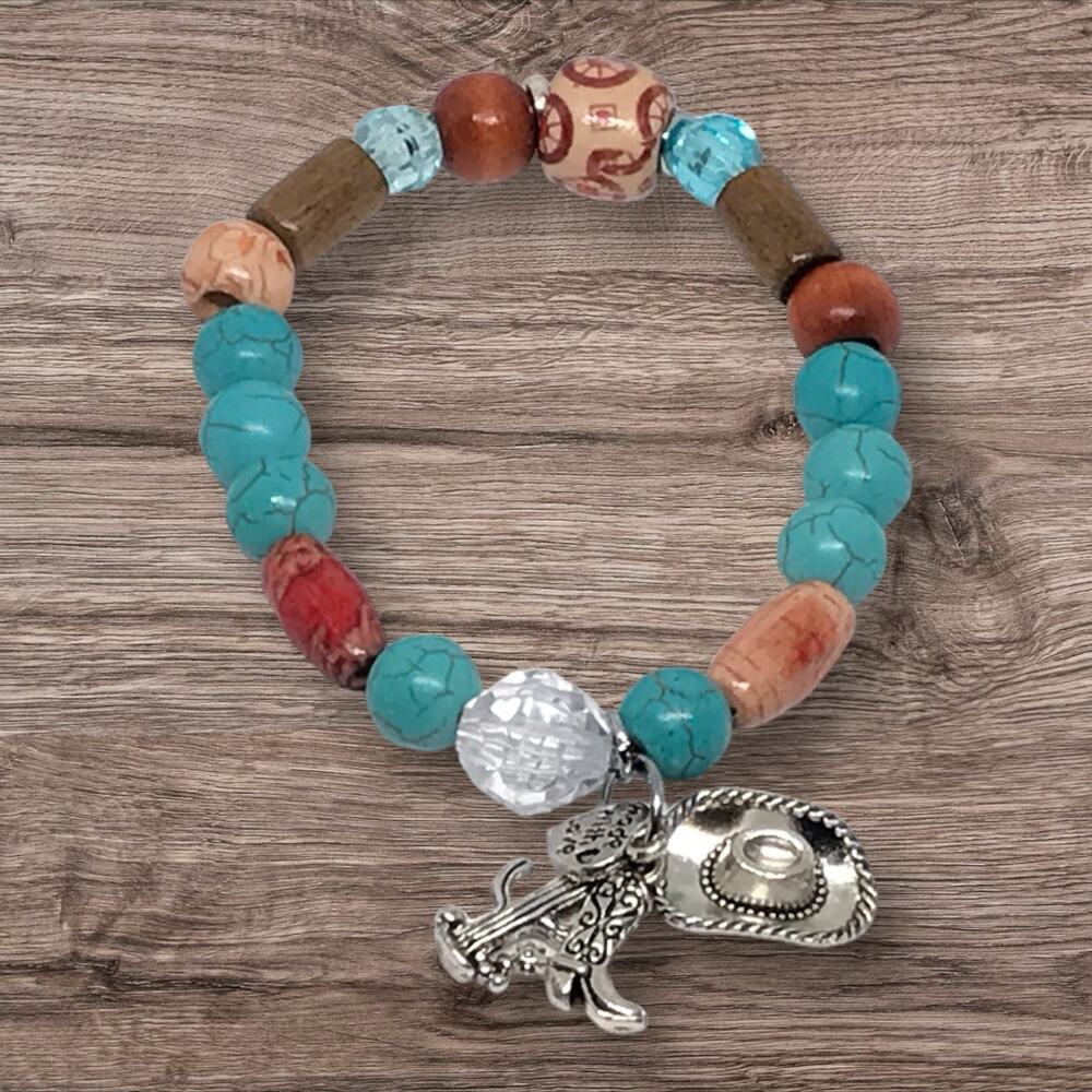 Wooden Southwestern Eclectic Stretch Charm Handmade Bracelet Turquoise Neutral